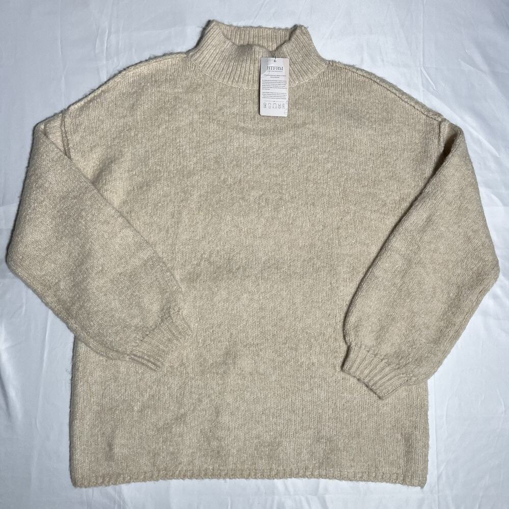 BTFBM Beige Mock Neck Knit Sweater Women’s L Cozy Minimalist Chunky Oversized